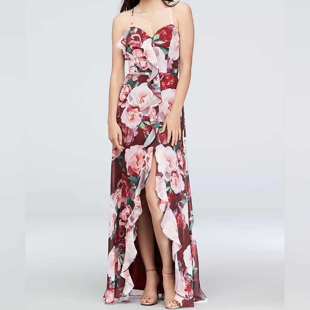 Cachet Floral Chiffon Wrap Slit Dress Cascading Ruffle Sweetheart Neckline Sz 6.